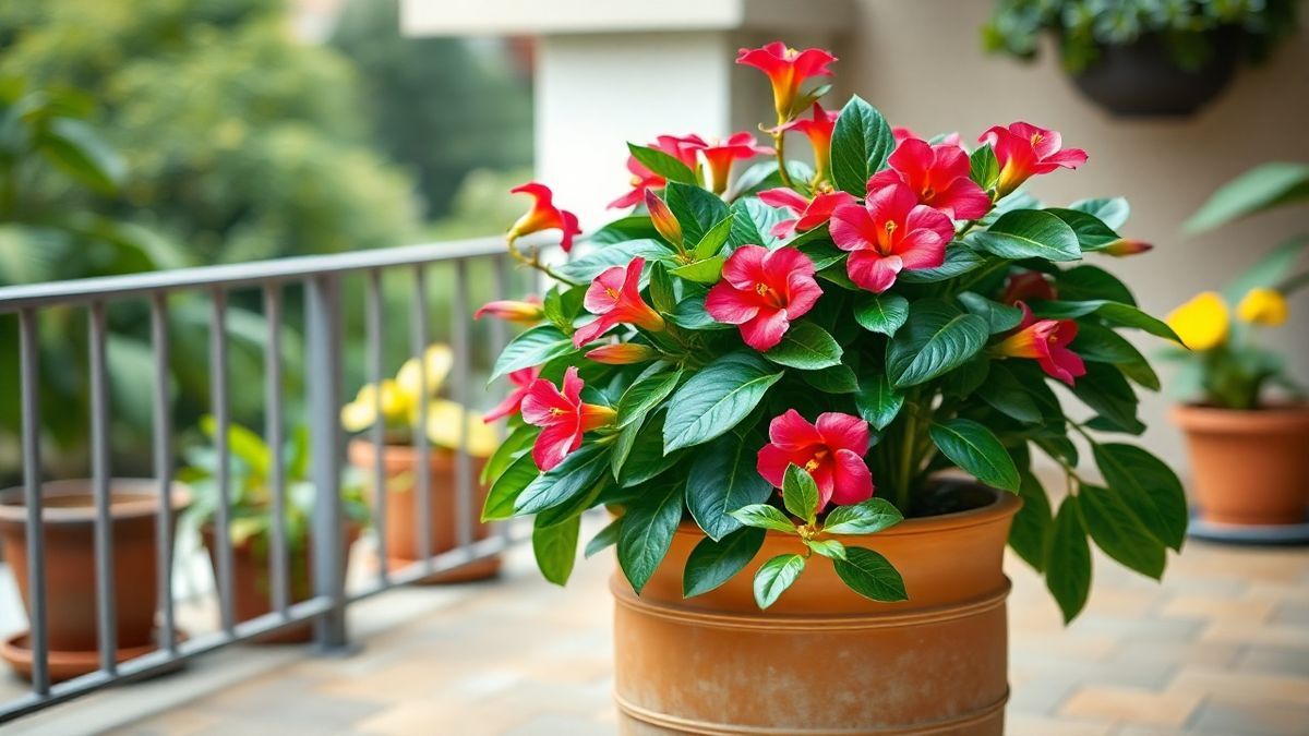 Alamanda florida em vaso grande sob sol leve, após transplante.
