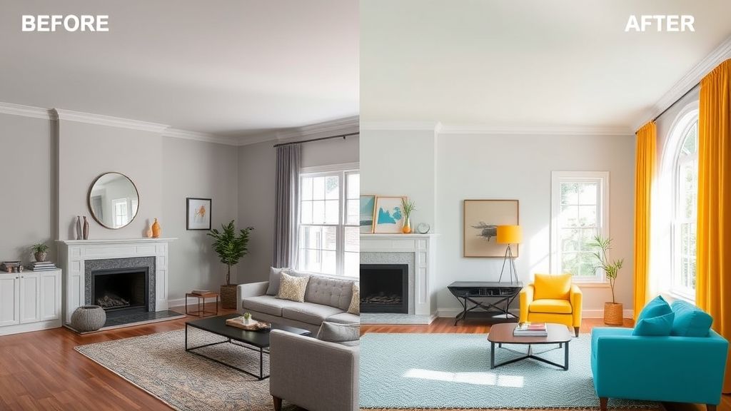 Comparação de sala antes neutra e depois com cores alegres nos detalhes.