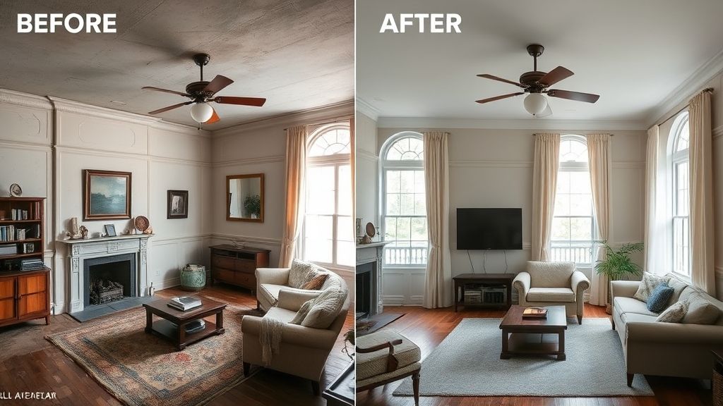 Comparação de sala de casa antiga antes e após a restauração.