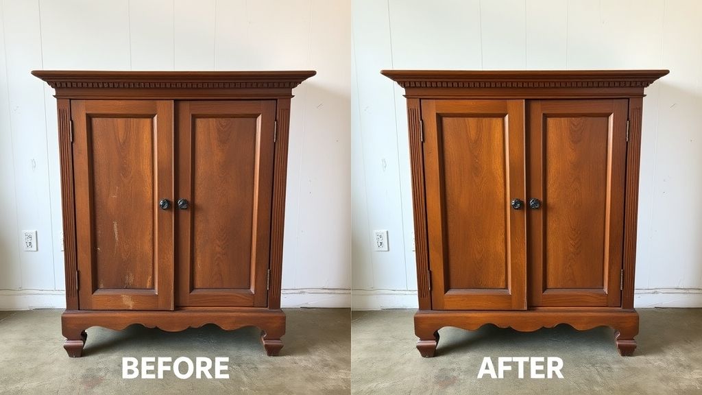 Comparação entre móvel antigo antes e depois do restauro, mostrando preservação do estilo.