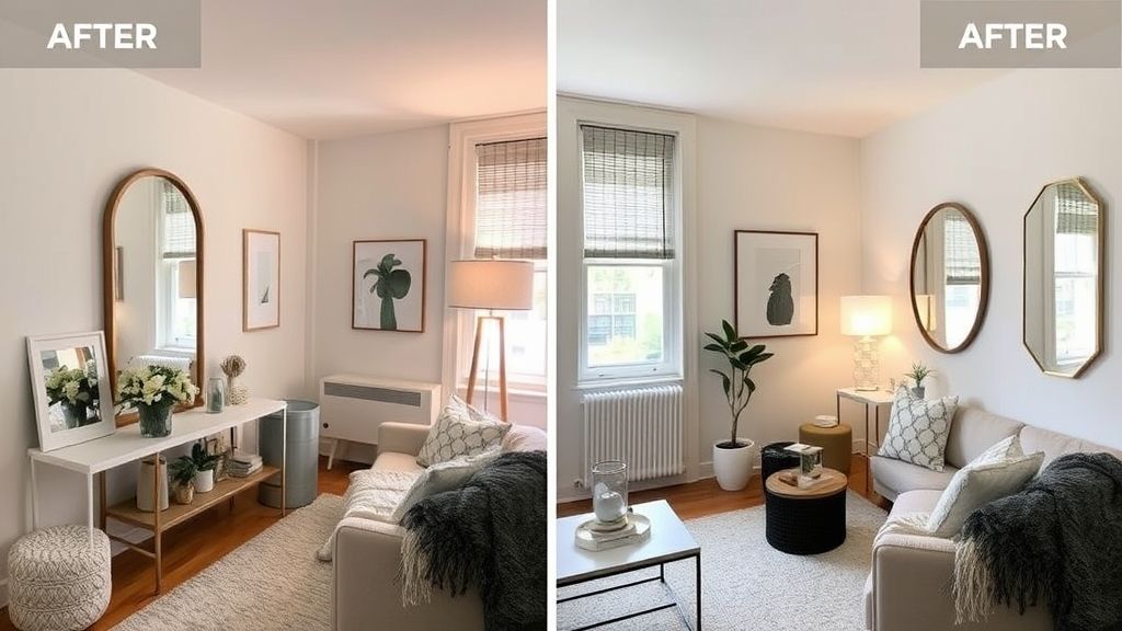 Apartamento pequeno finalizado com solução de decoração inteligente e iluminação aconchegante.