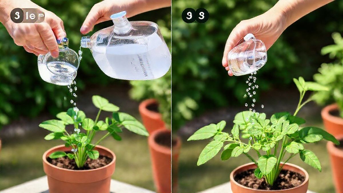 Pessoa regando um vaso com solução de água oxigenada diluída.