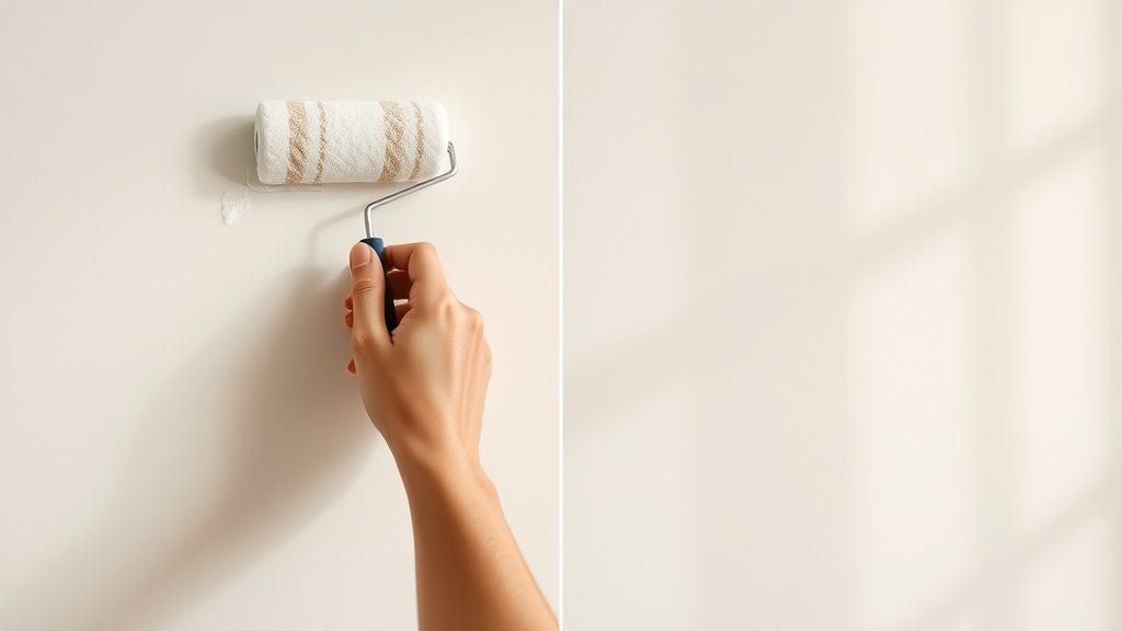 Pessoa pintando uma parede de quarto em cor neutra clara.
