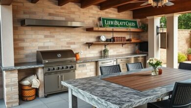 Vista geral de uma área gourmet moderna com churrasqueira, bancada e mesa de jantar.