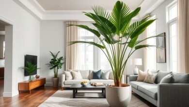 Palmeira areca bambu em vaso grande decorando sala iluminada e elegante.