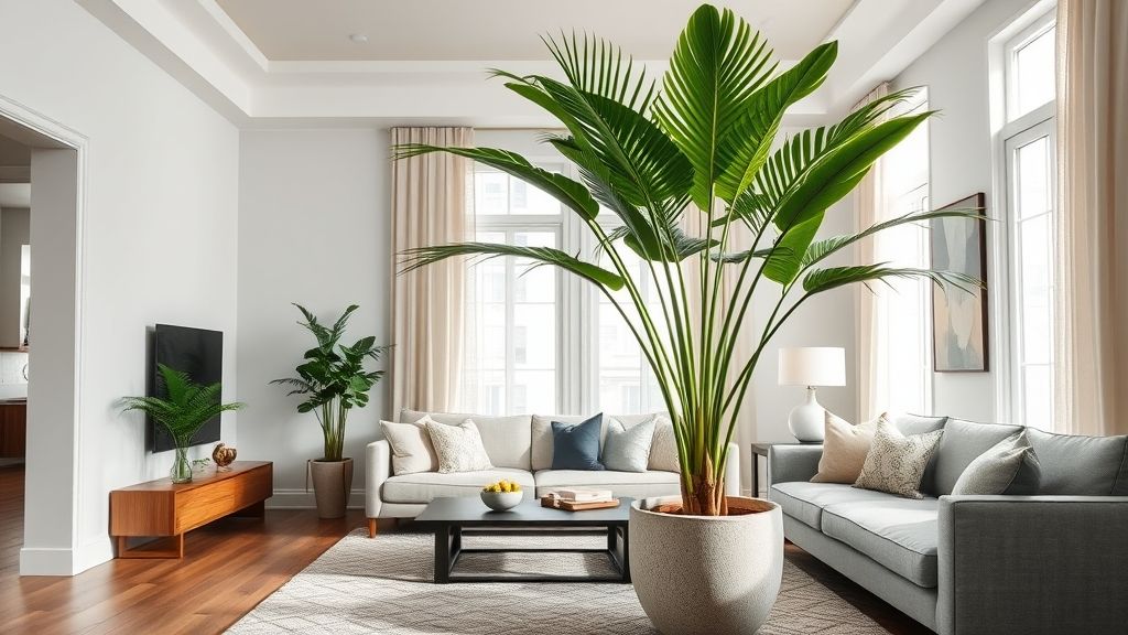 Palmeira areca bambu em vaso grande decorando sala iluminada e elegante.