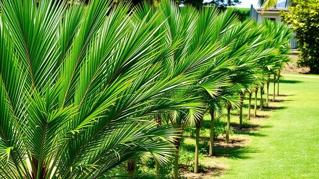 Plantação de areca bambu em fileira formando cerca viva tropical.
