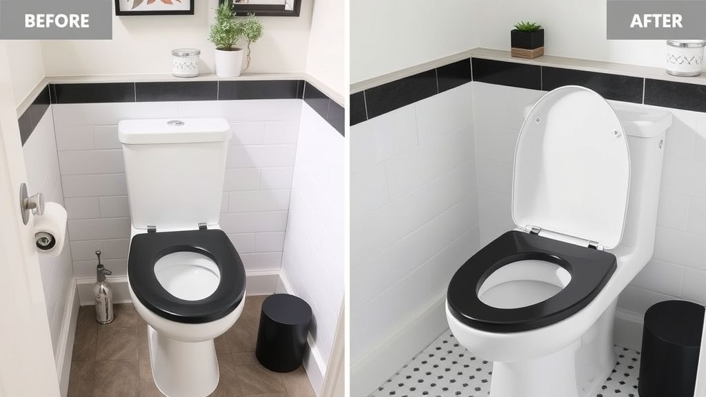 Banheiro moderno finalizado com assento sanitário preto fosco, em contraste com louça branca.