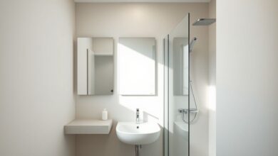 Banheiro simples mas bonito com tons neutros e iluminação suave.