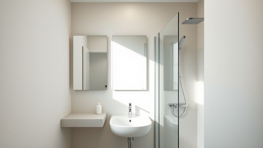 Banheiro simples mas bonito com decoração clara e acessórios funcionais