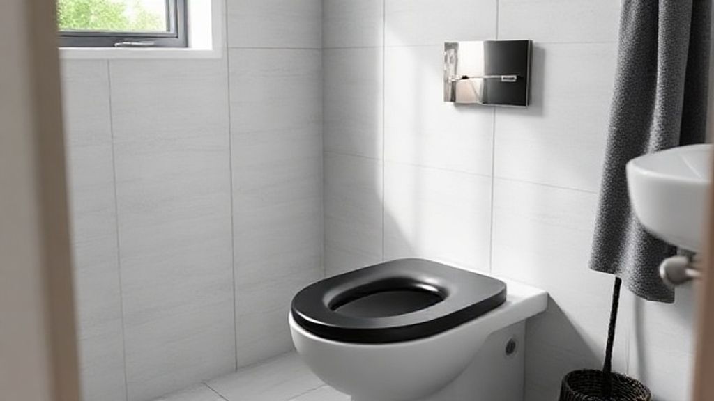Banheiro decorado com assento sanitário preto fosco em contraste moderno.
