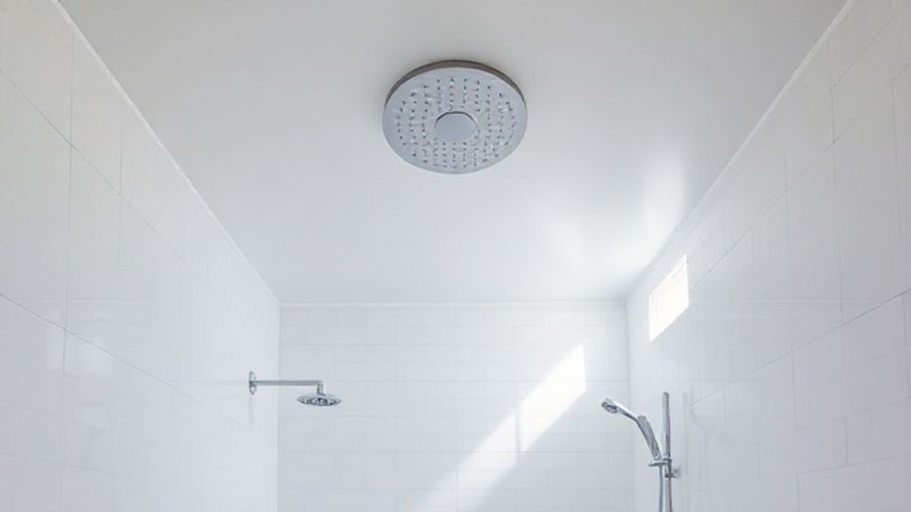 Banheiro sofisticado com chuveiro de teto cromado em ambiente minimalista.