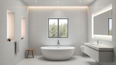 Banheiro sofisticado com nichos embutidos iluminados e revestimento em porcelanato claro.