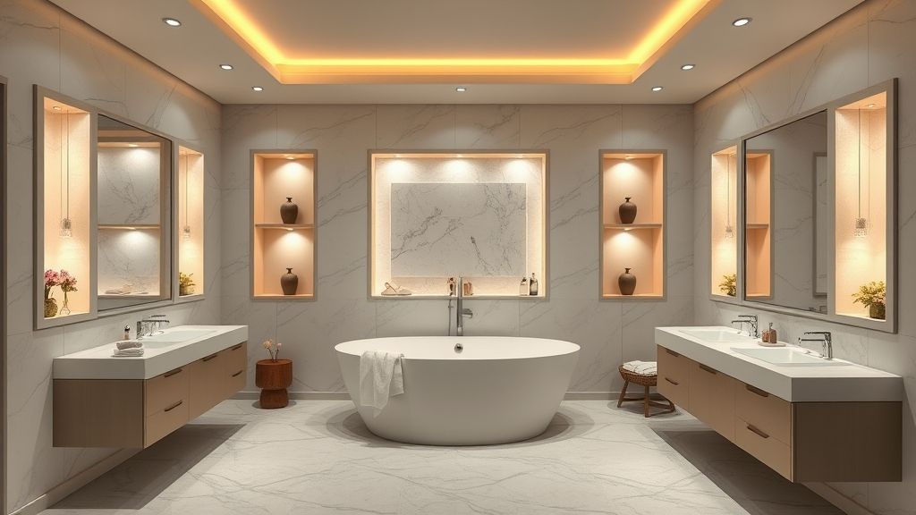 Banheiro amplo com nichos embutidos iluminados e objetos decorativos.