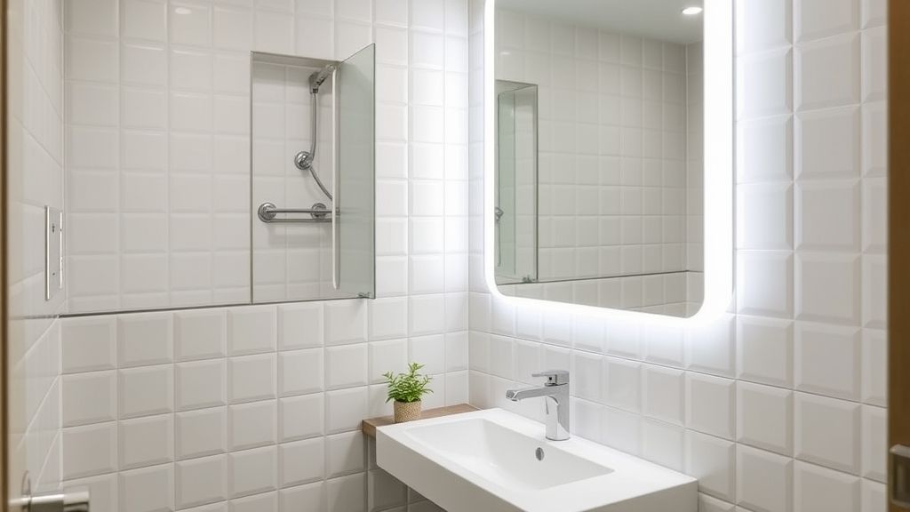 Banheiro simples mas bonito finalizado, com espelho amplo e plantas decorativas.