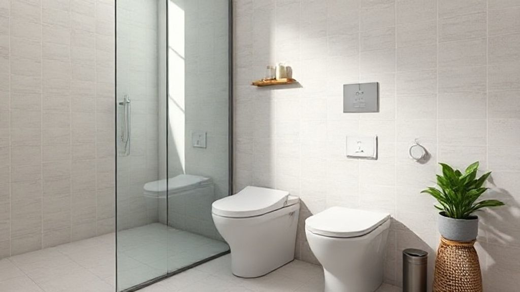 Banheiro decorado com vaso sanitário compacto e iluminação natural.