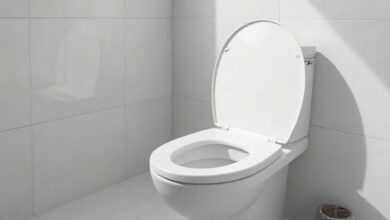 Banheiro moderno com assento sanitário branco bem instalado.