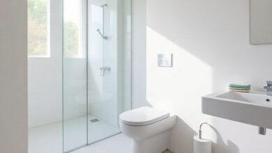 Banheiro contemporâneo com assento sanitário branco combinando com a decoração.