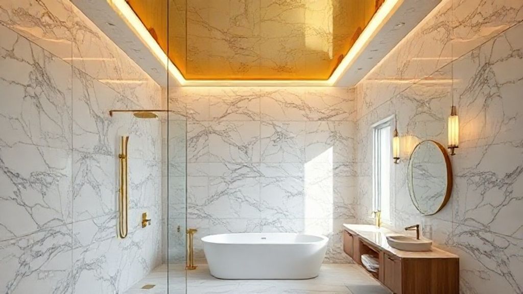 Banheiro amplo com chuveiro de teto dourado destacando design diferenciado.