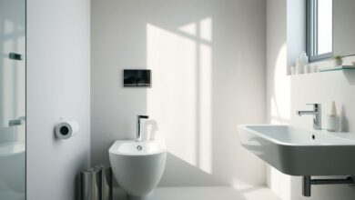 Banheiro contemporâneo decorado com ducha higiênica cromada.