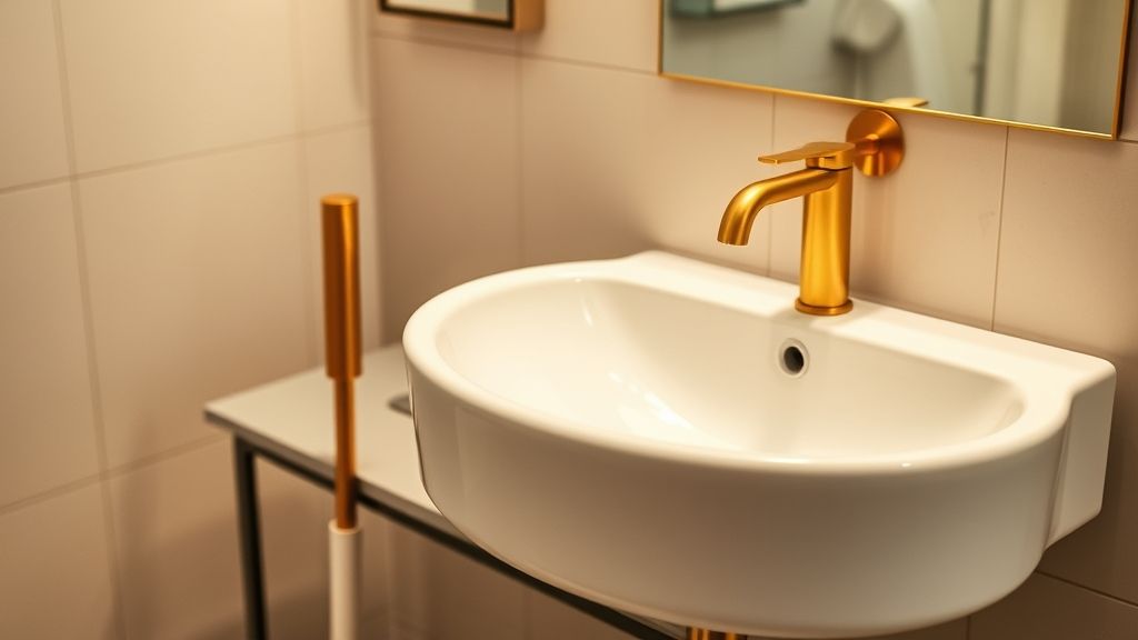 Banheiro glamouroso com torneira dourada e cuba branca iluminada por luz suave.