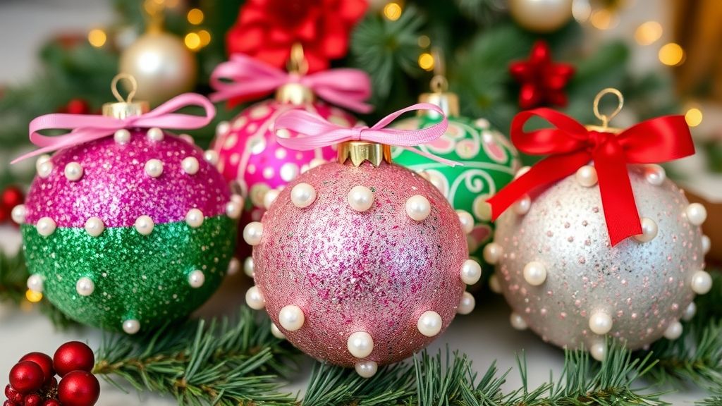 Bolas de Natal artesanais prontas com glitter, fitas e estampas variadas sobre uma mesa.