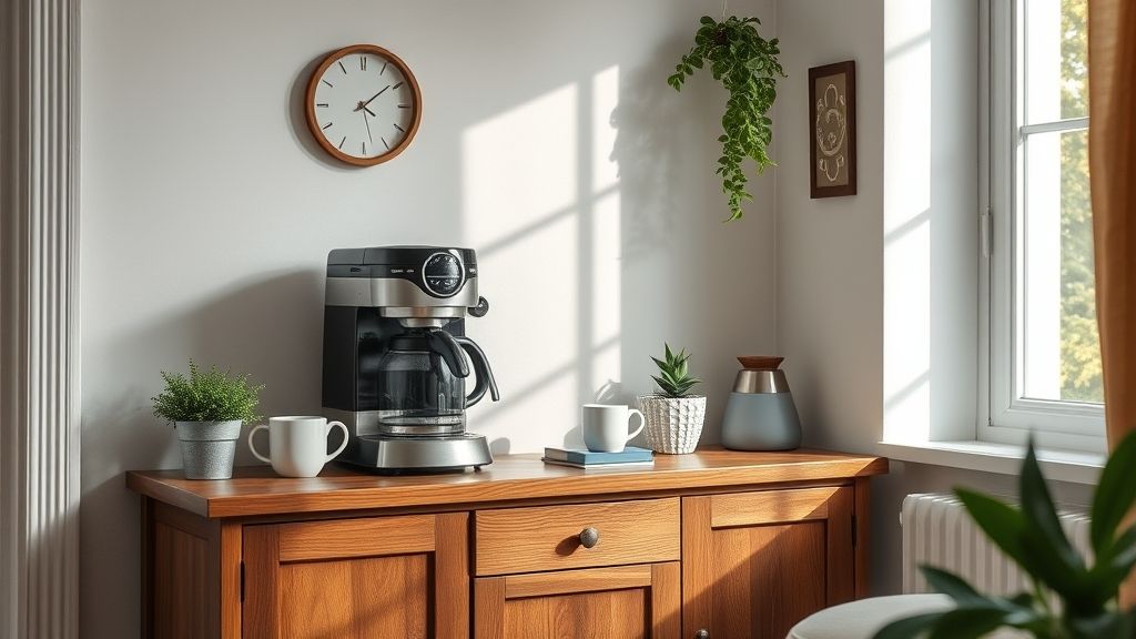 Aparador de madeira com cafeteira, xícaras e plantas naturais.