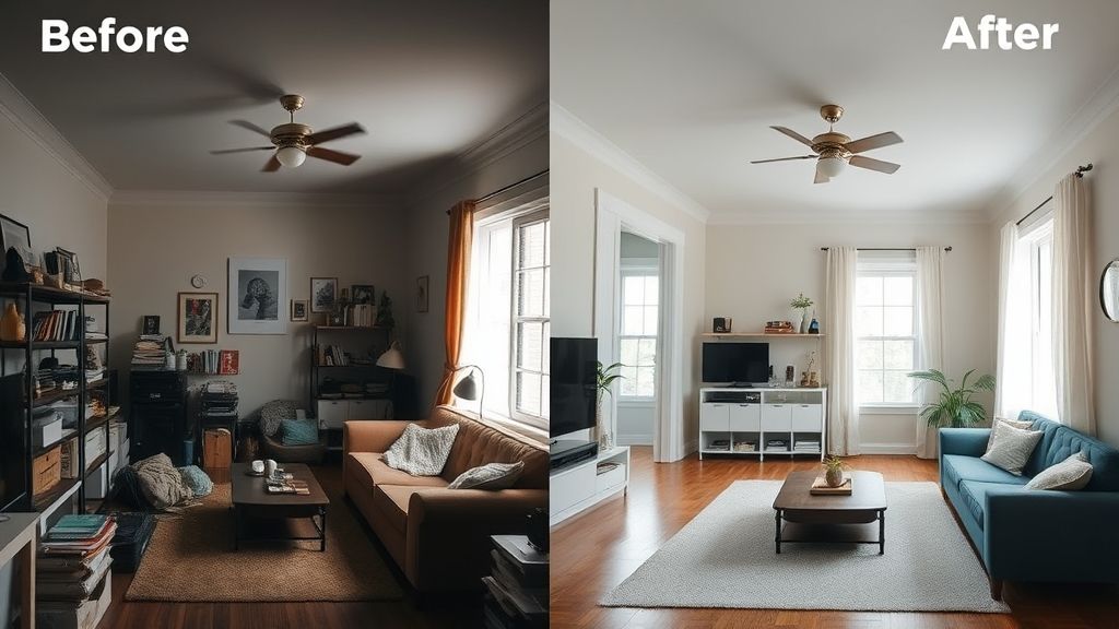 Comparativo antes e depois de sala pequena, mostrando transformação da reforma.