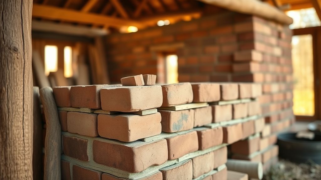 Etapa de construção de uma casinha do interior com madeira e tijolos.