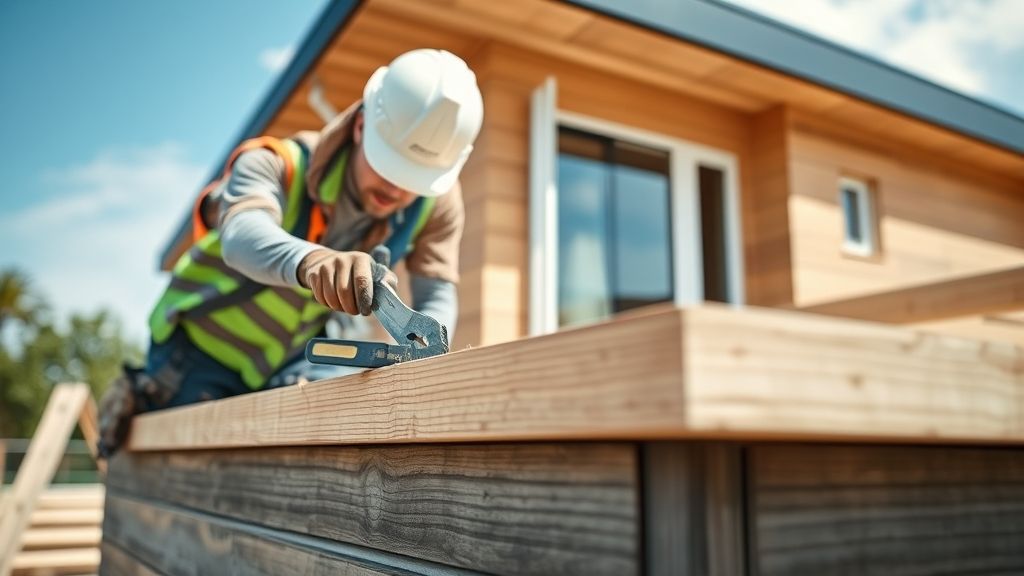 Etapa da obra mostrando trabalhadores ajustando a platibanda de uma casa moderna.