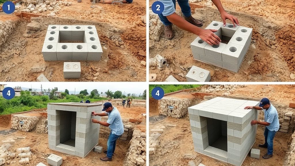 Etapas da construção de uma edícula simples com paredes sendo levantadas.