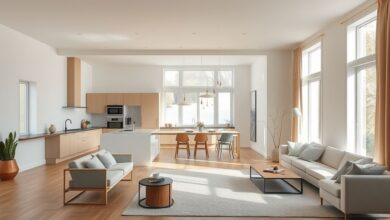 Vista ampla de cozinha e sala conjugadas com decoração clean e sofisticação.