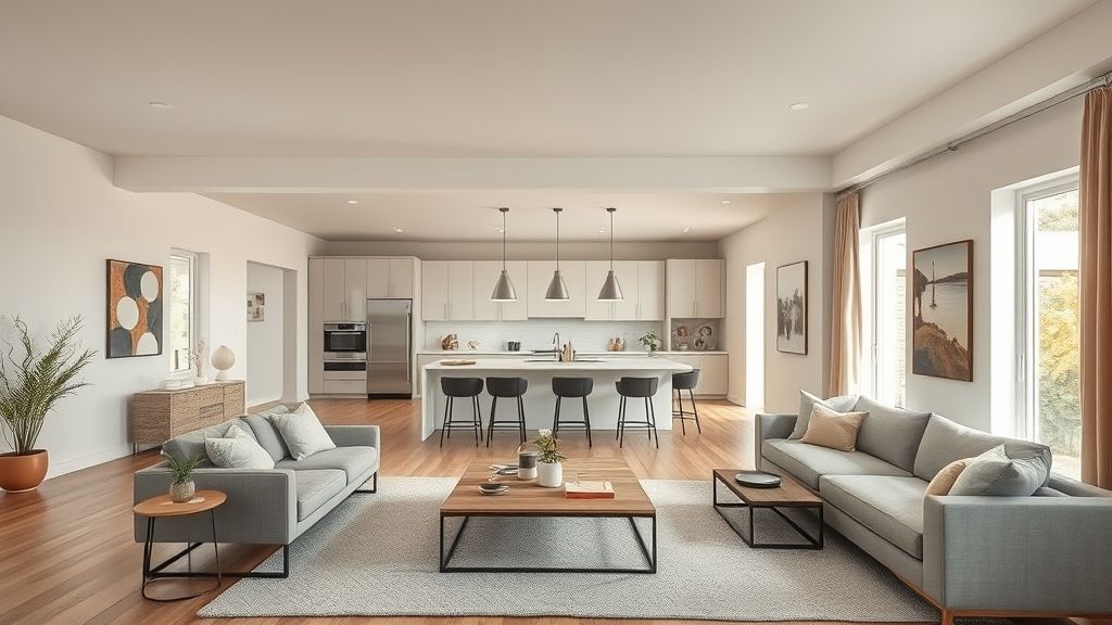 Cozinha e sala conjugados com ilha central e iluminação moderna.