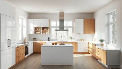 Cozinha iluminada com armários brancos e amadeirados planejados