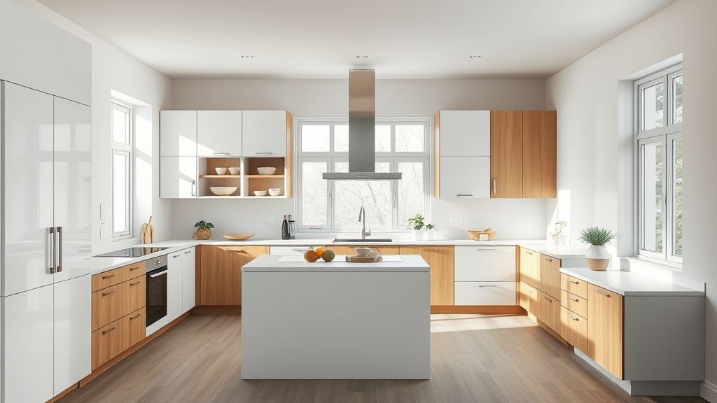 Cozinha iluminada com armários brancos e amadeirados planejados