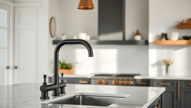 Vista ampla de uma cozinha moderna com torneira em preto fosco e detalhes dourados.