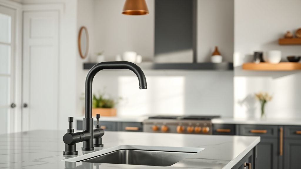Cozinha moderna com torneiras e metais coloridos em preto fosco e dourado