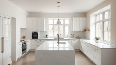 Cozinha moderna com iluminação natural, cores neutras e móveis planejados.