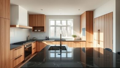Cozinha planejada sofisticada com bancada de granito preto e iluminação elegante.