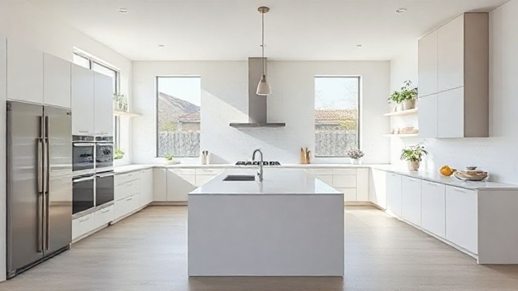 Cozinha funcional moderna com ilha central e iluminação natural