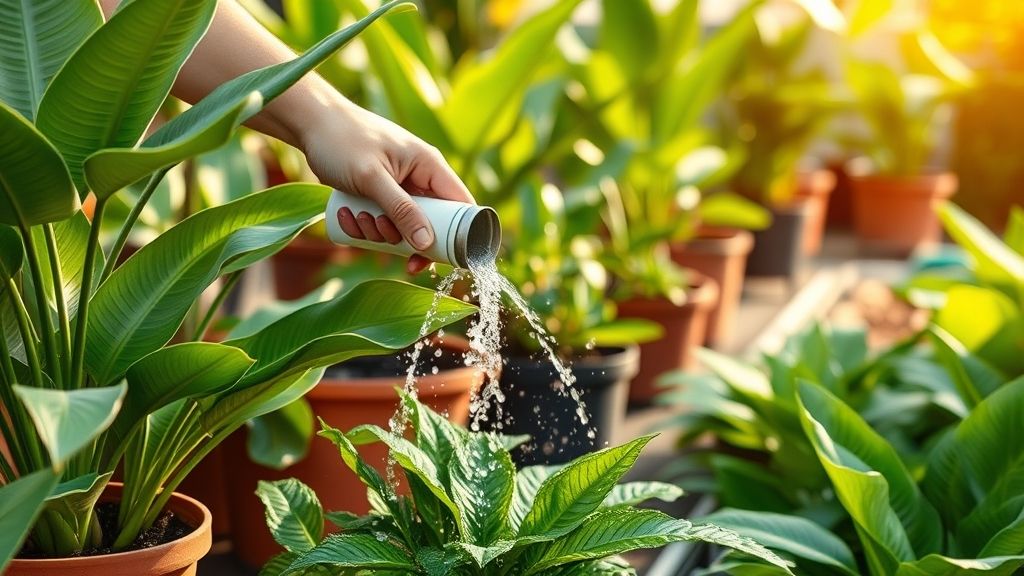 Pessoa regando plantas tropicais em vasos e canteiros com borrifador ou mangueira.