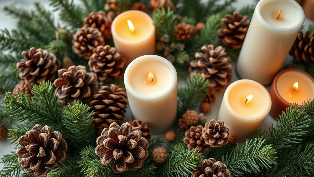 Close de arranjo natalino com pinhas, velas e folhagens