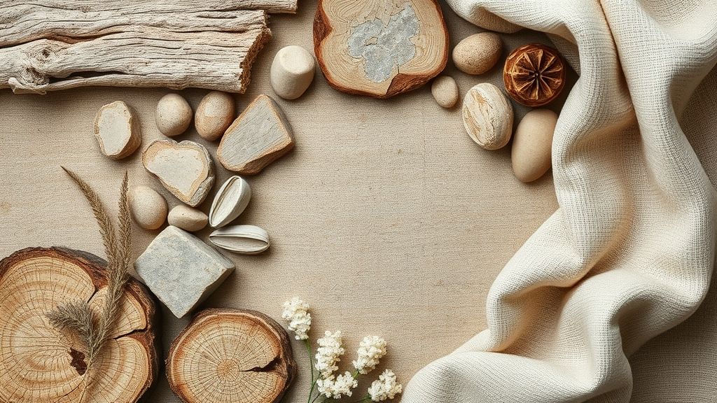 Close de madeira, fibras naturais e pedras usadas na decoração rústica elegante.