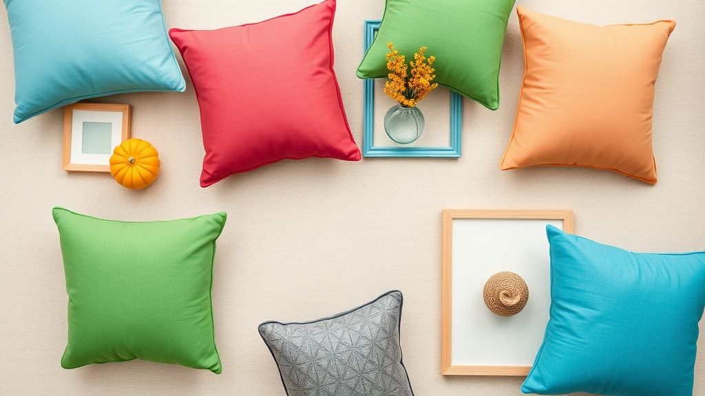 Almofadas, vasos e quadros em cores alegres compondo decoração vibrante.