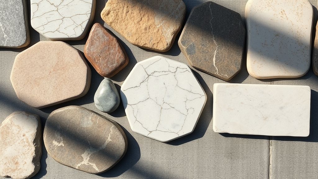 Close em pedras naturais e marmorite usados na construção de fontes.