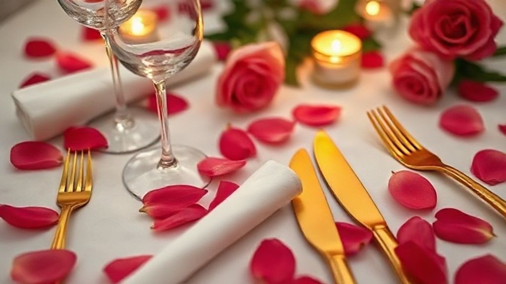 Close nos detalhes da mesa com taças de cristal, guardanapos e velas.