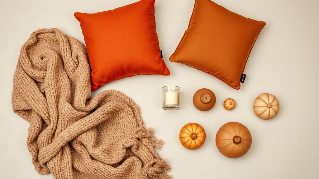 Flat lay de mantas, almofadas e velas em paleta outonal.