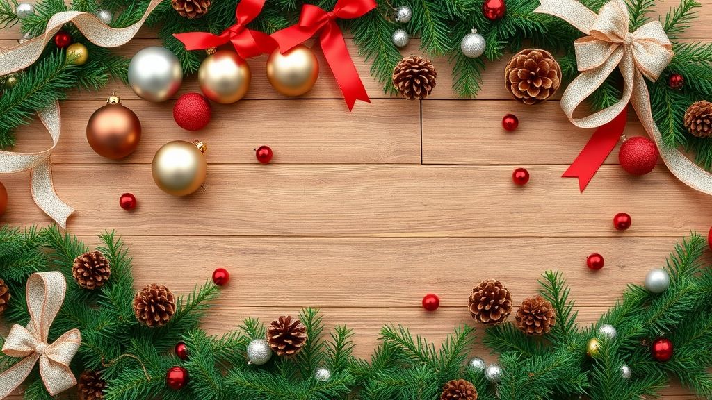 Enfeites de Natal variados, como bolas, fitas e guirlandas, sobre mesa de madeira.