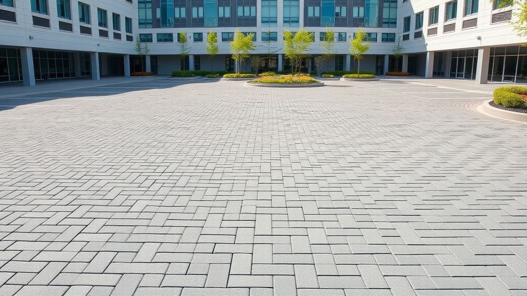 Estacionamento finalizado com piso intertravado resistente para veículos.
