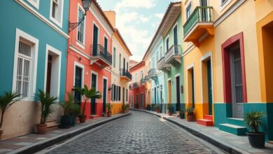 Conjunto de casas antigas coloridas em rua histórica do Brasil